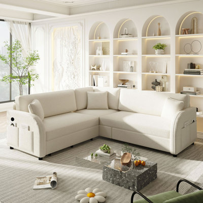 Canapé-lit en forme de L de 85,1 po avec lit escamotable, canapé-lit convertible surdimensionné avec poche latérale et port USB, canapé modulaire rembourré Teddy, pour salon, appartement, bureau