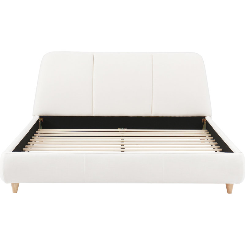 Structure de lit grand format recouverte de lin blanc, pieds en bois massif, rembourrage en mousse épaisse pour le soutien, structure centrale en métal robuste, 12 lattes en bois franc, assemblage rapide pour un sommeil réparateur avec tissu en lin.