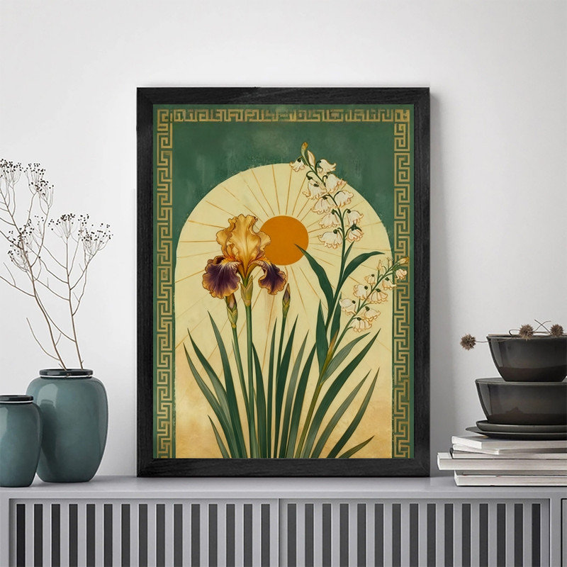 Art mural rétro noir encadré floral soleil - Boho, H 11 po x l 9 po