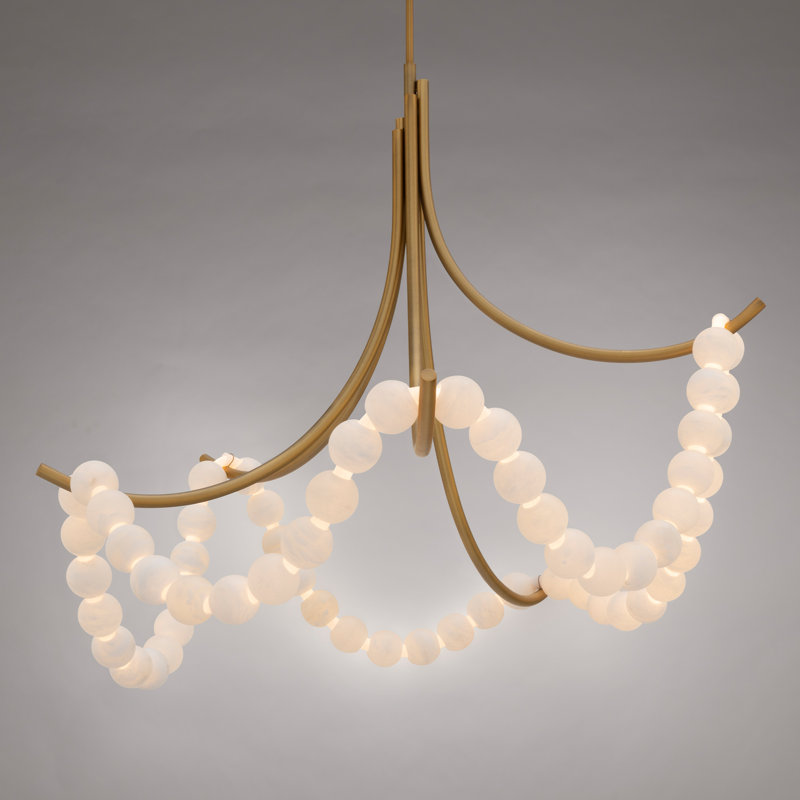 Parel LED Pendant Chandelier Light With Alabaster Shades, Aged Brass