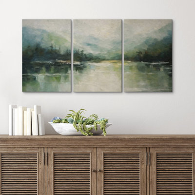 Abstract Landscape "Emerald Green Mountain Lake Nature Artwork, Modern Minimal Aesthetic Wall Pictures, Framed Canvas Giclée Print 3 Pieces Wall Art"