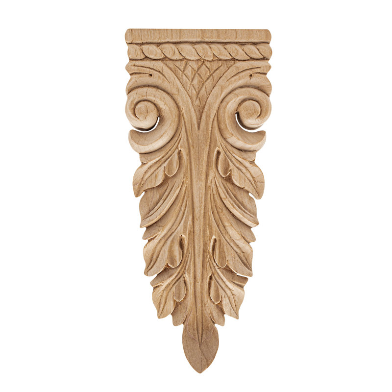 7-1/2 in x 3-1/8 in x 1 in Unfinished Hand Carved Solid Wood Onlay Acanthus Wood Applique