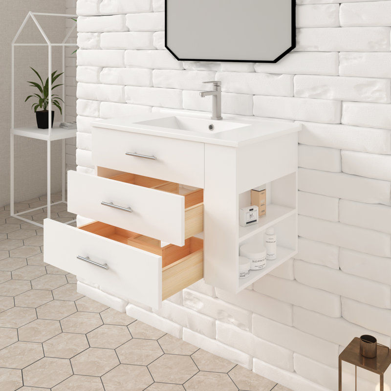 Aurilla 30 in. Single Sink Wallmount Bath Vanity with White Ceramic Countertop in Matte White with Right Side Shelf, White