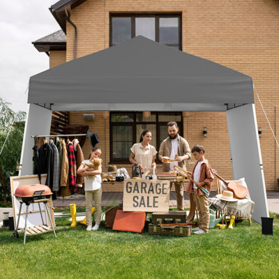 14 X 9.2 FT Pop up Canopy Tent w/ 2 Convertible Sidewalls to Awning & Stakes Gray