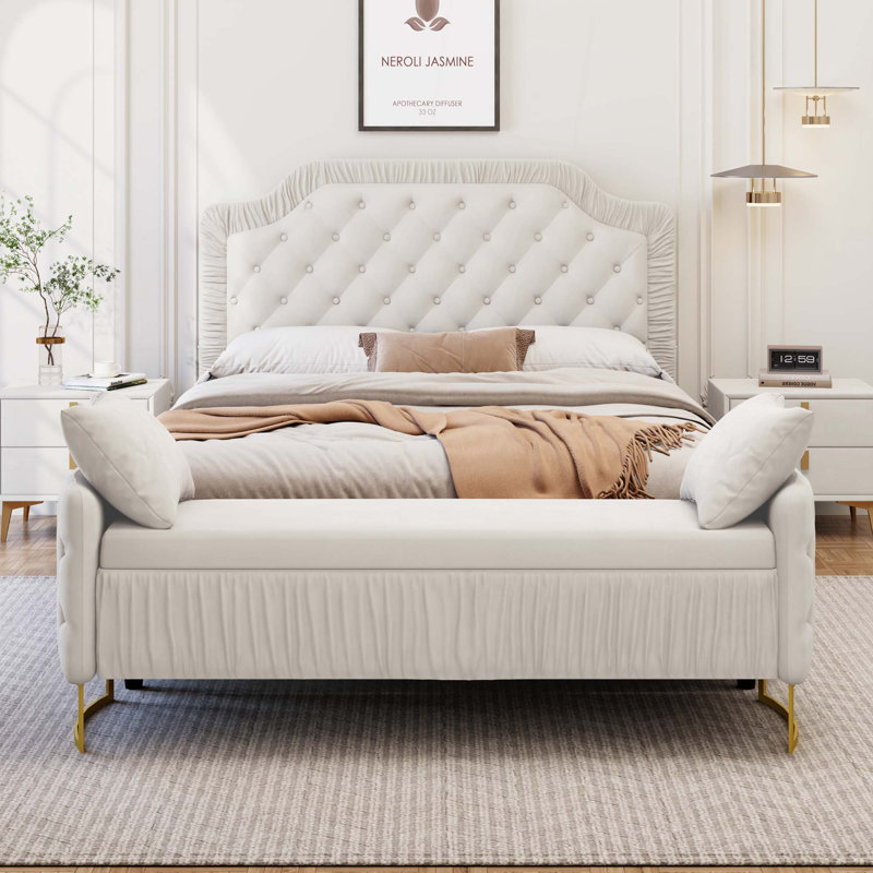 Ensemble de chambre à coucher 2 pièces avec lit capitonné en velours capitonné et capitonné, Blanc