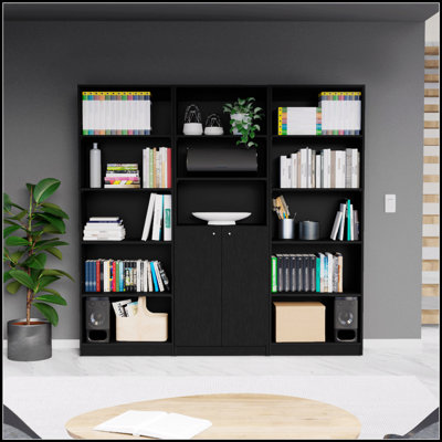 Stylish Black 3-Piece Living Room Set With Spacious 4-Shelf Bookcases For Modern Home Decor And Organization