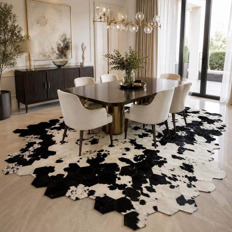 Tapis hexagonal noir en cuir de vache blanc, tapis en cuir patchwork, 8 x 10 pi