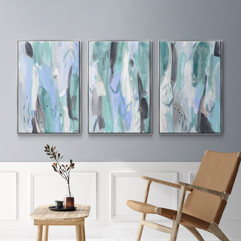 «Ocean Crush I», ensemble de 3 toiles encadrées, Argent, H 36 po x l 72 po