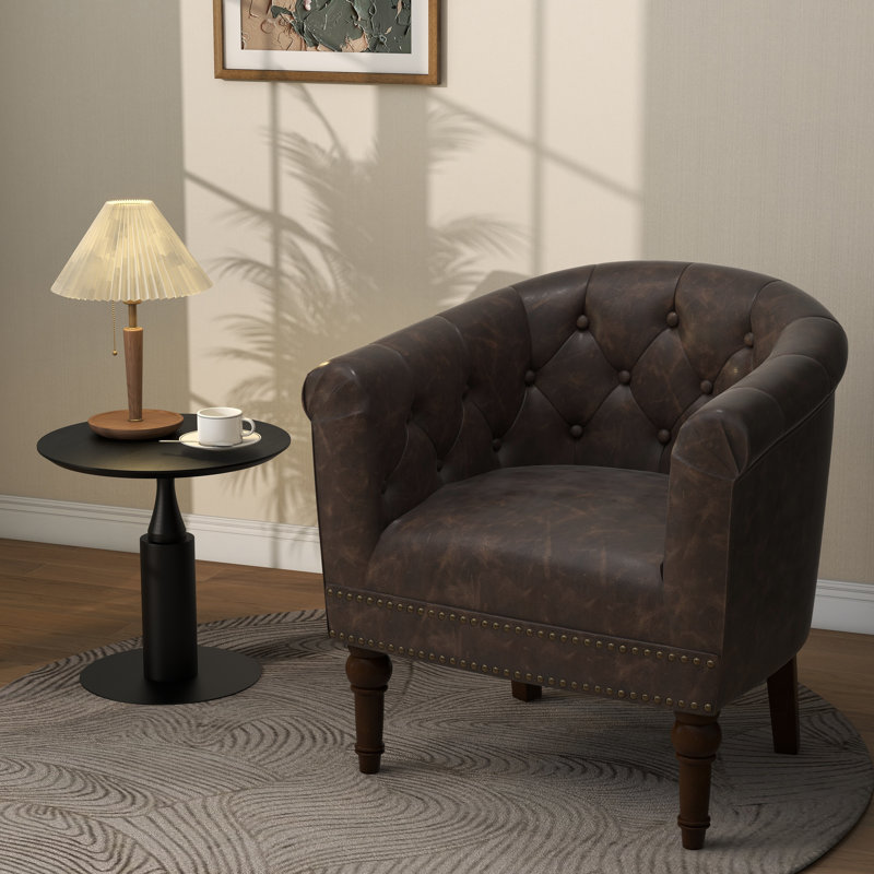 Edvardas Upholstered Chocolate Faux Leather Tufted Barrel Club Chair with Nailhead Trim, Chocolate Faux Leather