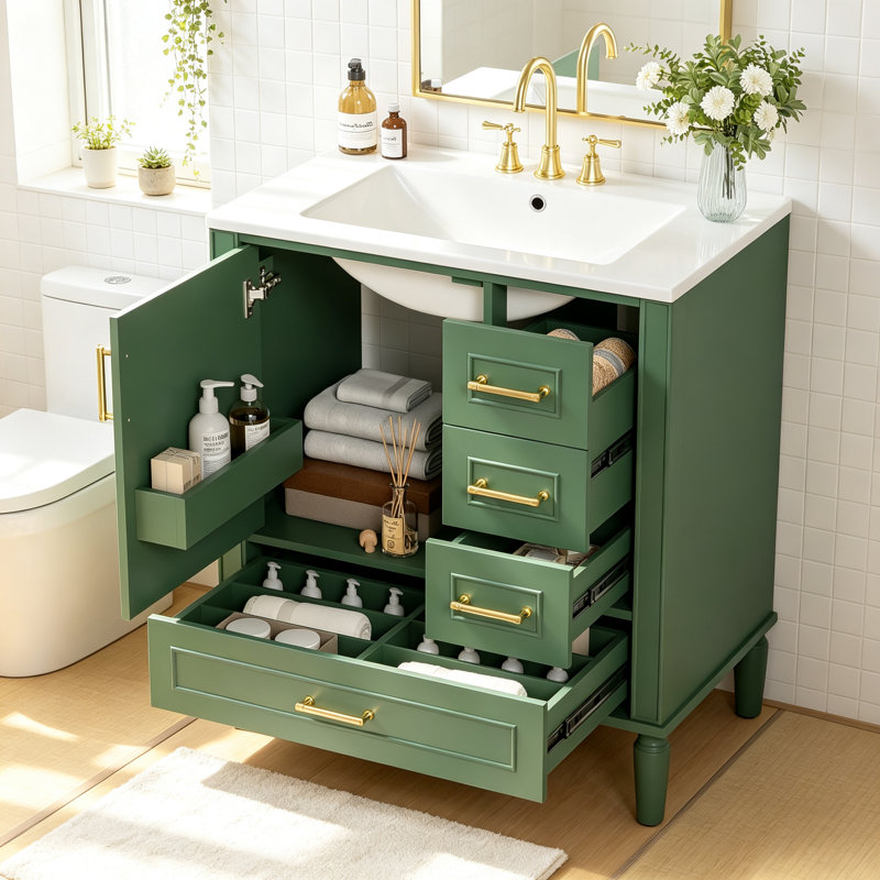 Ensemble de meuble-lavabo traditionnel vert de 30 pouces avec trois tiroirs, portes à fermeture douce et longues poignées en métal doré - idéal pour les petites salles de bain