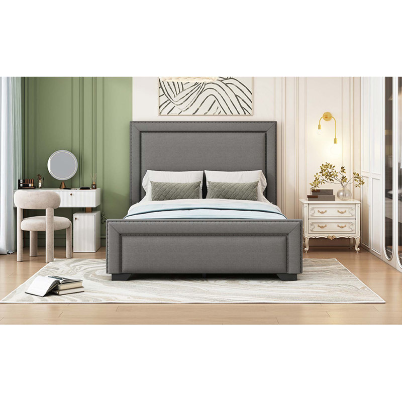 Grand lit tapissier, lit tapissier moderne avec support en lattes de bois, aucun sommier requis, assemblage facile, Gris