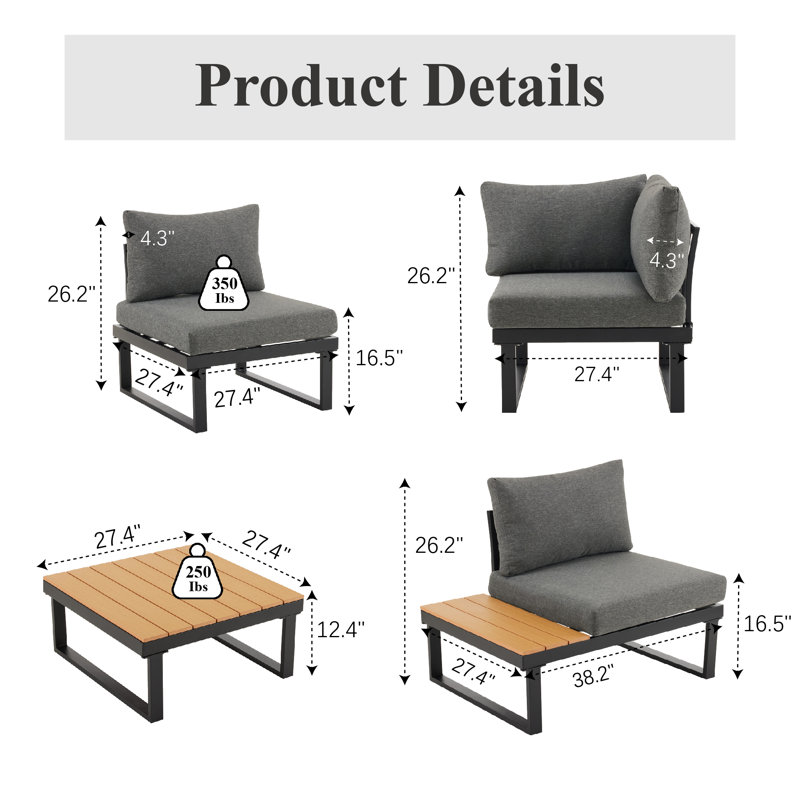 Cogbill 109.6 Wide 8 - Person Aluminium Outdoor Seating Group with Cushions, Dark Gray, Black