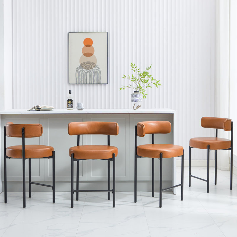 Whisky Brown Faux Leather 24'' Counter Stools with Metal Frame, Set of 4