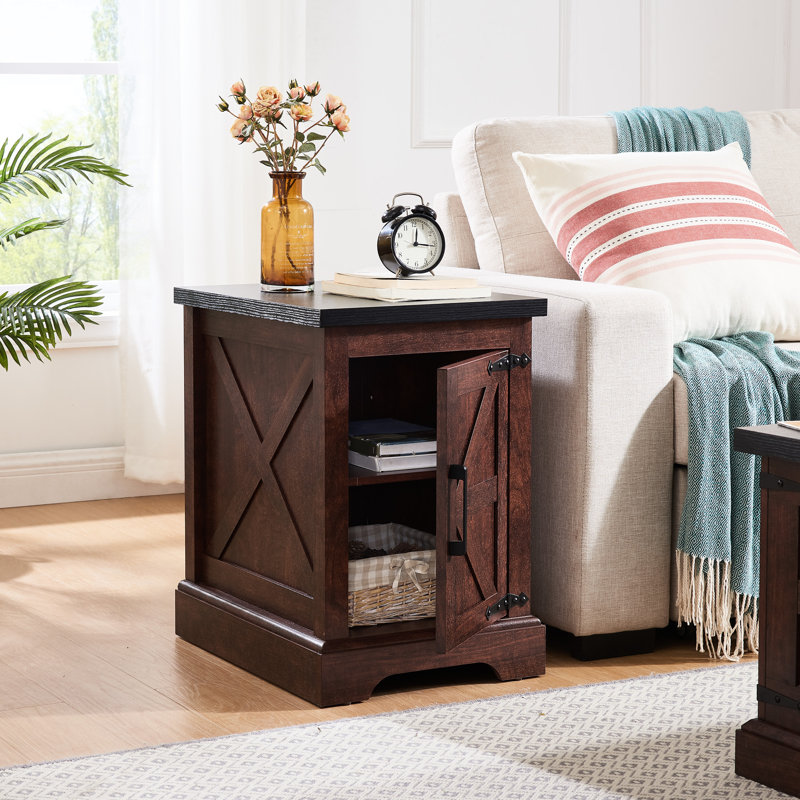 Table de bout rectangulaire rustique avec pieds en chêne et tablette réglable, Chêne, Chêne