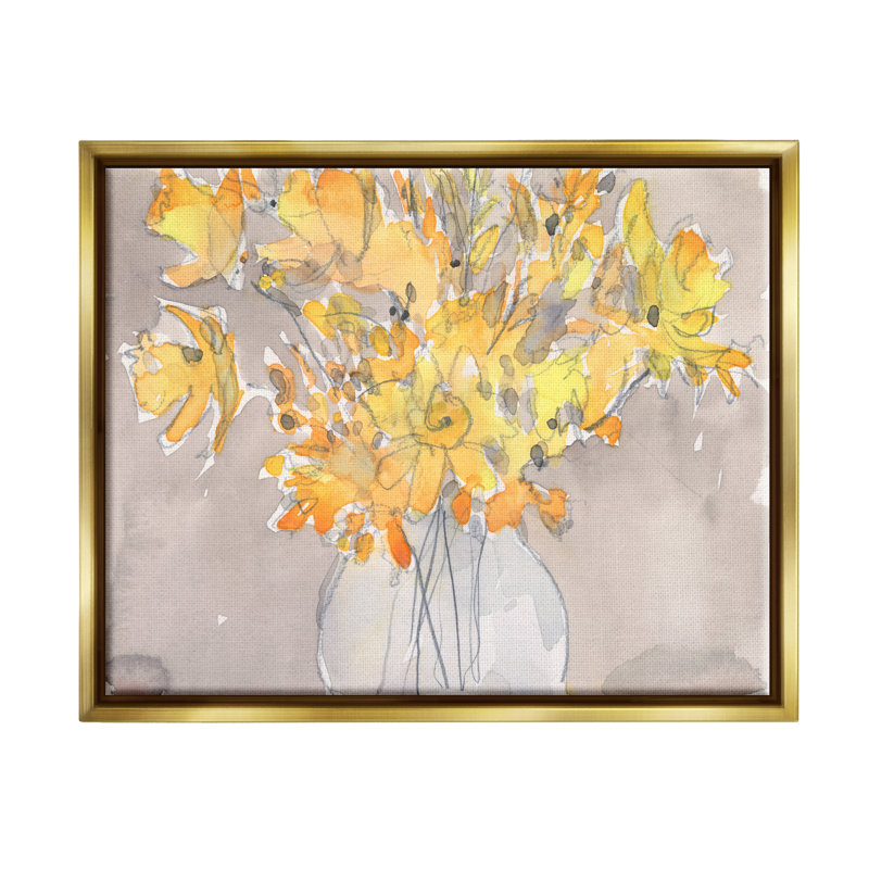 " Yellow Scribble Style Bouquet " by Samuel Dixon, 25" H x 31" W x 1.7" D, Metallic Gold Floater Frame