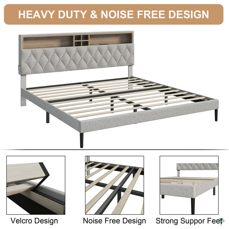 Bed Frame With 2-Tier Storage Adjustable Headboard & Charging Station, Solid And Stable, No Box Spring Needed, Noise Free, Easy To Assemble