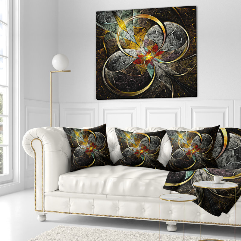 Fleurs symétriques fractales brunes - Coussin imprimé abstrait, 18 po x 18 po, Coussin décoratif
