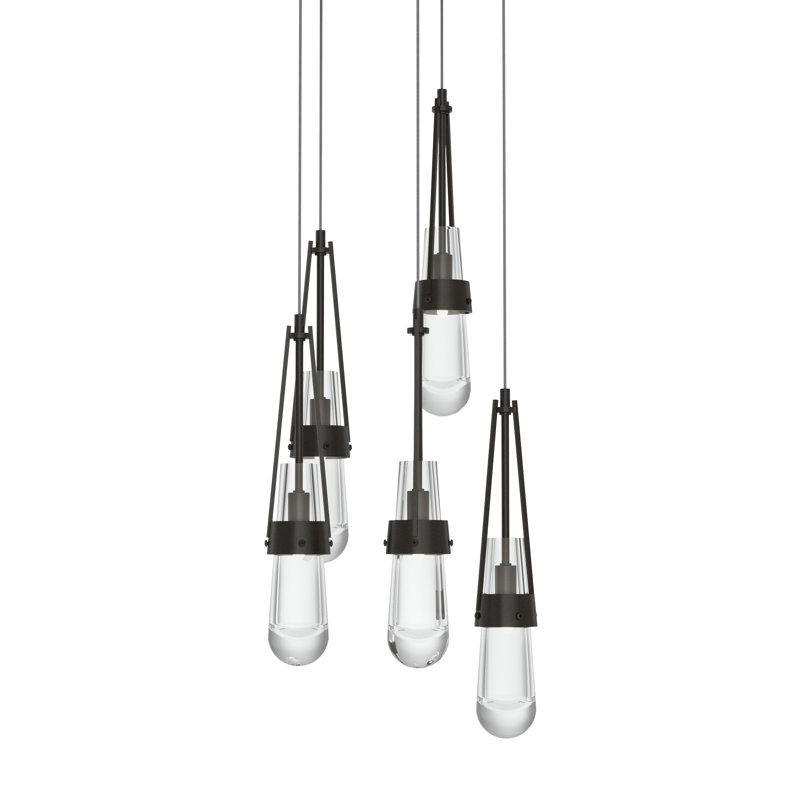 Luminaire suspendu 5 lumières Link, Long: 19 po à 130 po, Verre transparent, Bronze huilé