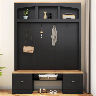 Hall Tree Farmhouse 4-in-1 with Bench, Hooks & Adjustable Shelves, Black | Particle Board | Black by Latitude Run