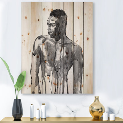 Portrait d'un bel homme africain sur fond blanc I - impression moderne sur bois de pin naturel