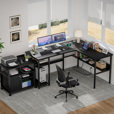 Afjol 47'' L Shaped Desk with Magic Power Outlets, USB Charging Ports and Storage Shelves