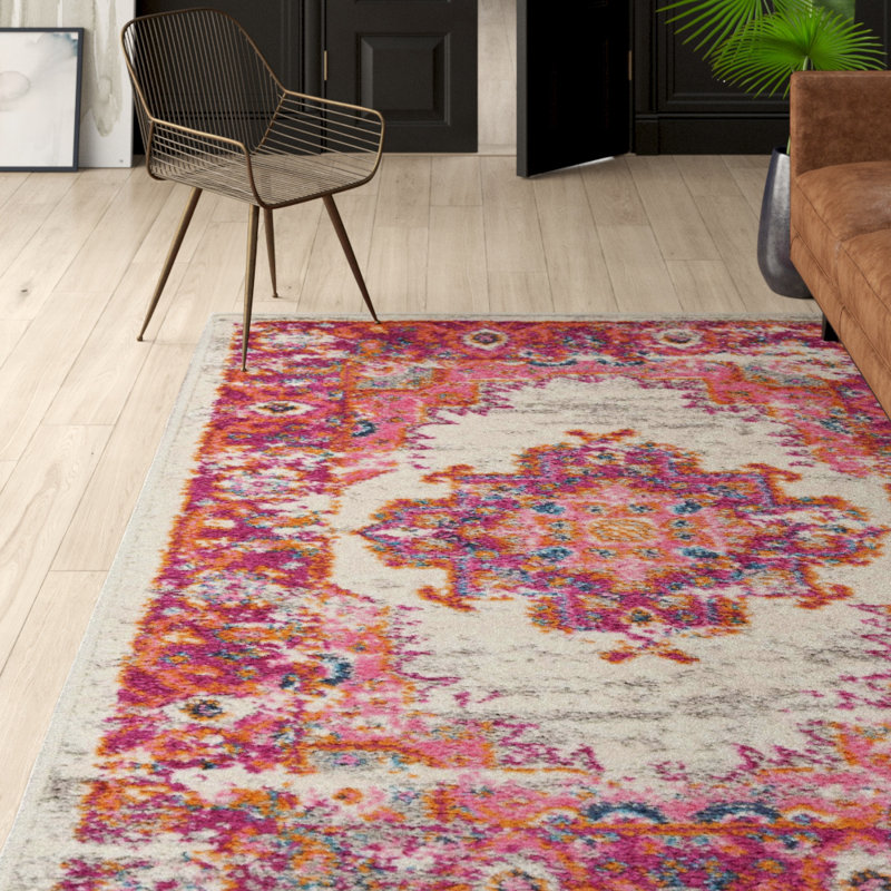 Tapis intérieur oriental ivoire / rose Abbate, Rectangle de 10 pi x 14 pi