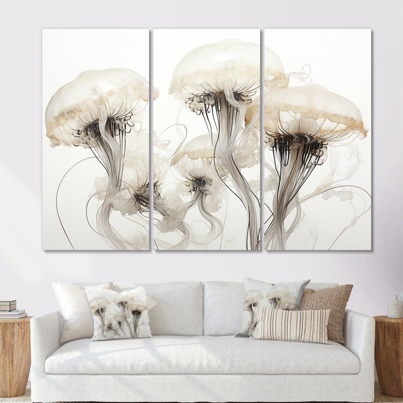Minimalisme blanc méduse rêves II - ensemble d'art sur toile méduse, H 28 po x l 36 po x P 1 po, Toile tendue