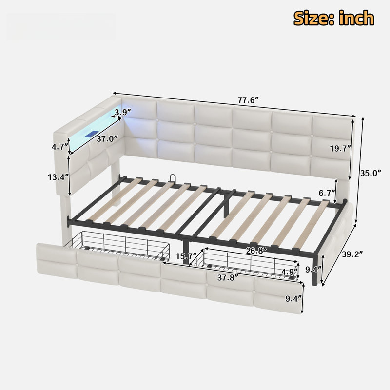 Upholstered Daybed With 2 Drawers, Charging Station, Led Lights, Storage Headboard And Checkered Button Decoration, Beige