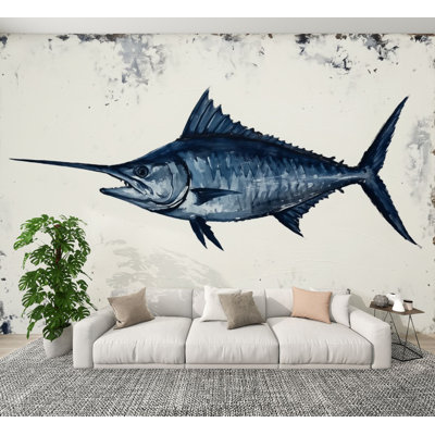 Coastal Peel and Stick Wallpaper Sailfish Blue White Wall Murals 100"H x 144"W Removable PVC Wall Paper Self-Adhesive Wall Decor for Bedroom Living Room Home Office