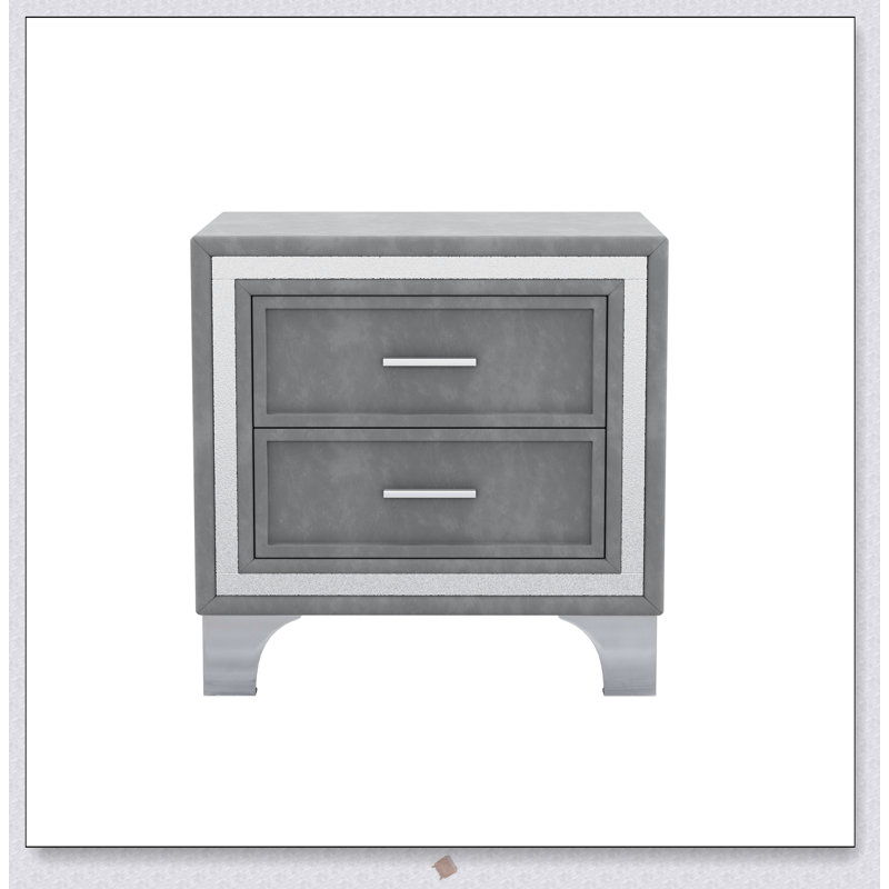 Mid-Century 2-Drawer Nightstand with Metal Legs, Velvet Finish for Modern Bedrooms, Gray