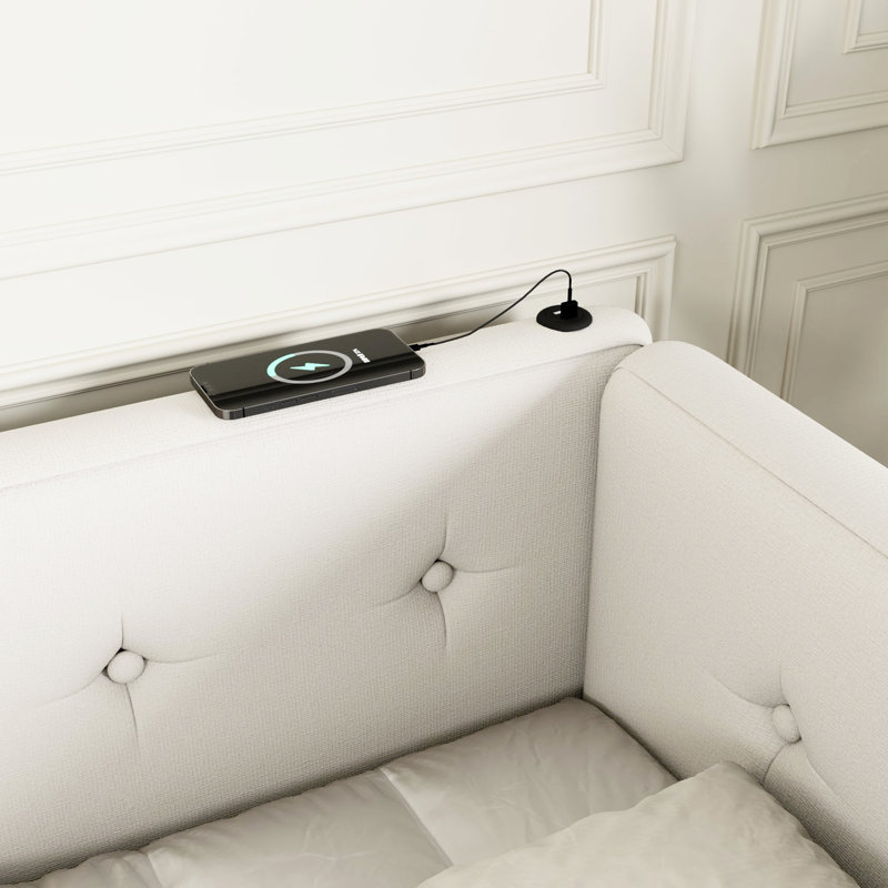 Grand lit tapissier moderne avec ports, beige - bois massif et gracieux lin, Beige, Grand lit