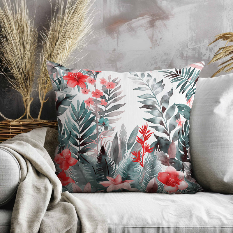 Rainforest Dream Faux Suede Pillow, Green/Red/Grey, Square 16"