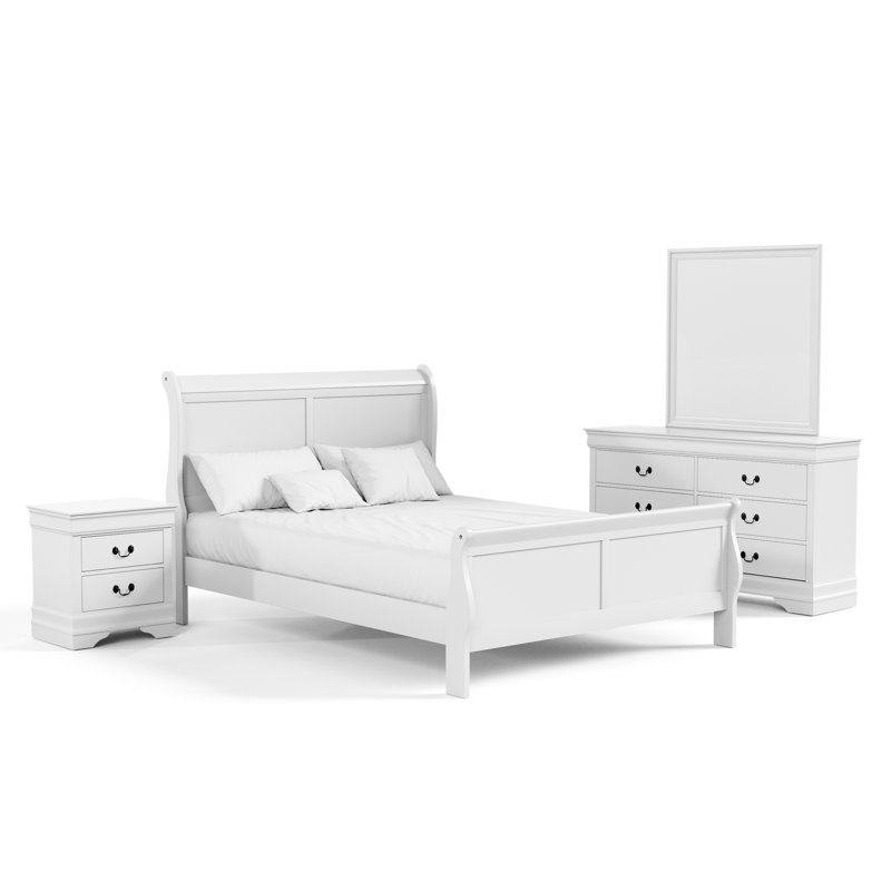 Ensemble de chambre à coucher 4 pièces Aberdeen, Blanc, Grand, Ensemble de 4 pièces : lit, table de chevet, comm
