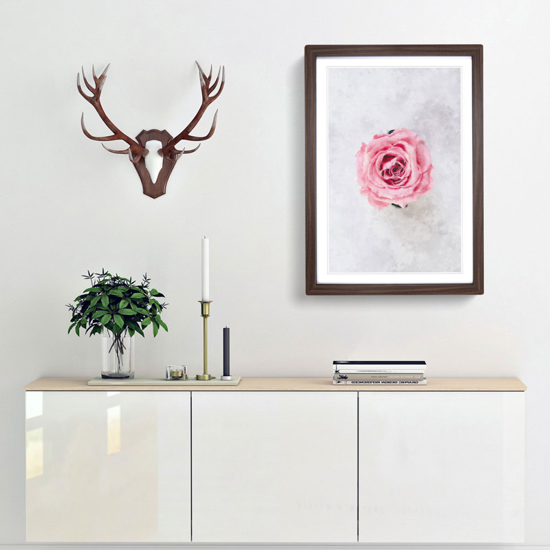 Lone Pink Rose - Framed Print, 45cm H x 33cm W x 2cm D, Walnut Framed