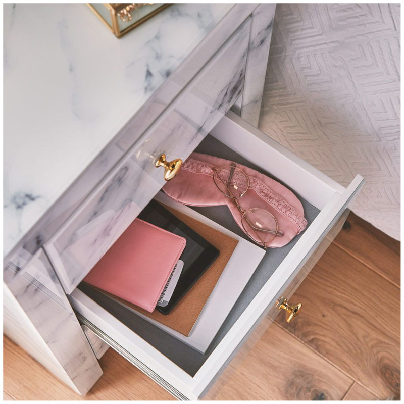 Table de chevet en verre trempé, table de chevet en marbre avec 3 tiroirs, table d'appoint pour chambre à coucher et salon