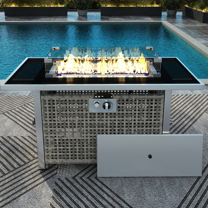 60000 43" Open Weave Grey Propane Gas Fire Pit Table, With Bohemian Design, Removable Lid, And Glass Wind Guard For Garden Entertaining Rectangular , Grey, Blue Stone Decoration Tempered Outdoor Patio