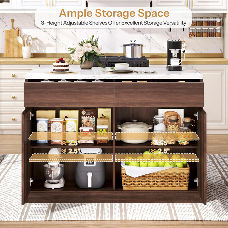 Îlot de cuisine de 47,2 po en faux marbre avec comptoir et espace de rangement, 3 tiroirs, une armoire à 2 niveaux, une table basse, une table de salle à manger pour 2 à 4 personnes pour la cuisine, la salle à manger et le salon