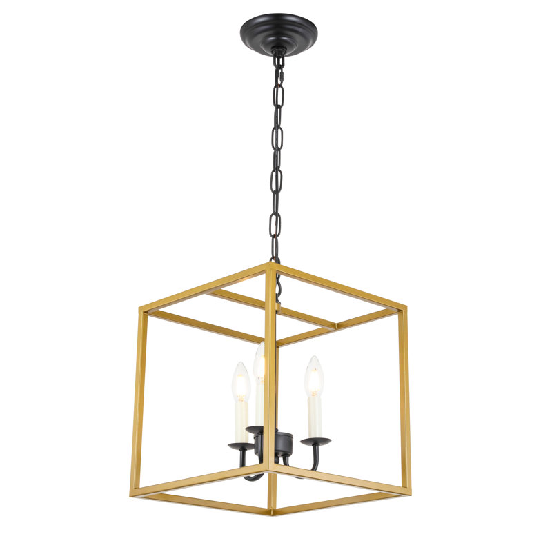Luminaire suspendu carré 3 lumières lanterne Tarbox, Laiton / Noir