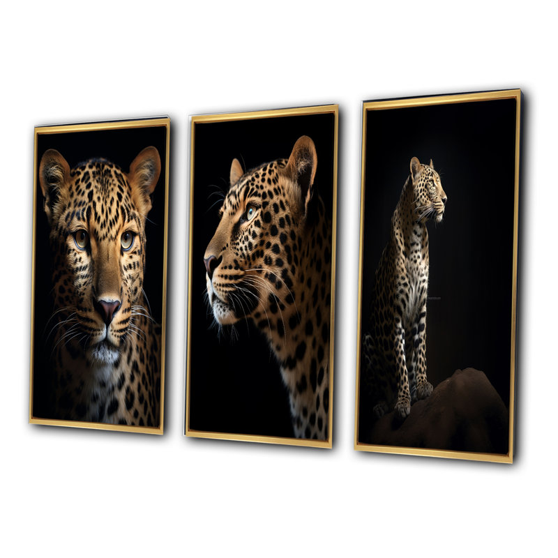 "Superbe portrait de léopard" - 3 pièces, Encadrement doré, H 40 po x l 60 po