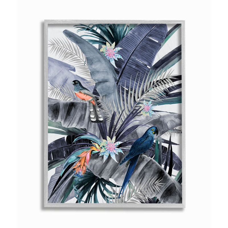 Tropical Jungle Parrot and Floral Canvas Print in Gray Frame