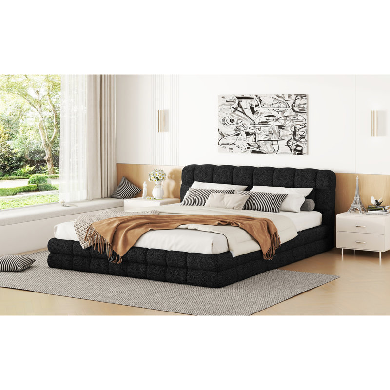 Grand lit tapissier noir avec structure rembourrée confortable et tête de lit rembourrée de mousse, Noir