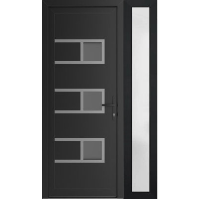 Porte d'entrée extérieure prémontée en PVC-U métal-plastique Manux 8933, noir mat, avec imposte latérale, pour bureaux, commerces et habitations. Convient aux portes d'entrée, patios et garages. 48 x 80 po (L 32 + 16 x H 80 po). Ouverture à gauche vers l'intérieur.