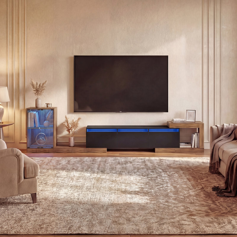 Modern Retractable TV Stand, Extendable TV Cabinet up to 110 Inches, 5 Storage Compartments, Fits Flat Screen TVs, Dark Wood