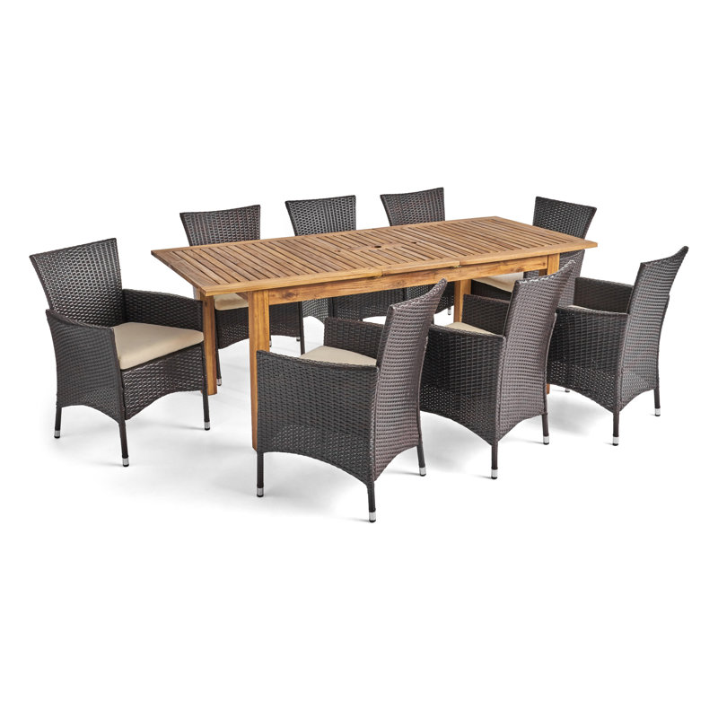 8 - Person Acacia Patio Dining Set with Extendable Rectangular Table, Sandblast Natural Stained/Multi Brown Frame / Beig