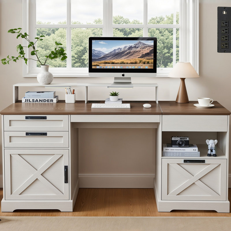 Bureau de direction 63 po Farmhouse, Blanc antique + noyer