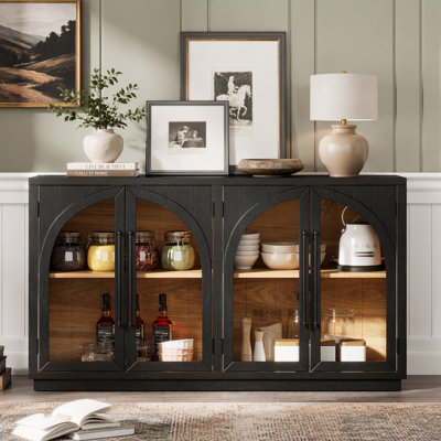 4-Door Arched Glass Sideboard Buffet Cabinet, Retro Wooden Storage Cabinet with Adjustable Shelves & Cable Holes for Kitchen, Dining Room, Living Room
