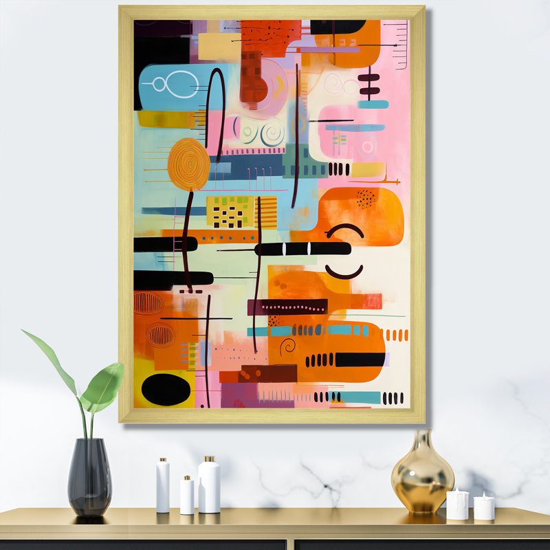 Mid-Century géométrique, collage amusant III - art mural géométrique, Cadre doré simple, H 32 po x l 16 po x P 1 po
