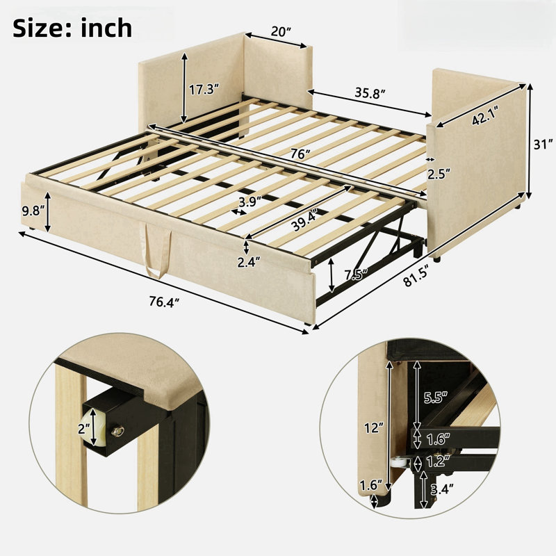Upholstered Daybed With Pop Up Trundle, Beige