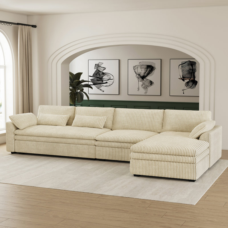 Canapé d'angle en L Corduroy, Velours côtelé beige, Right Hand Facing