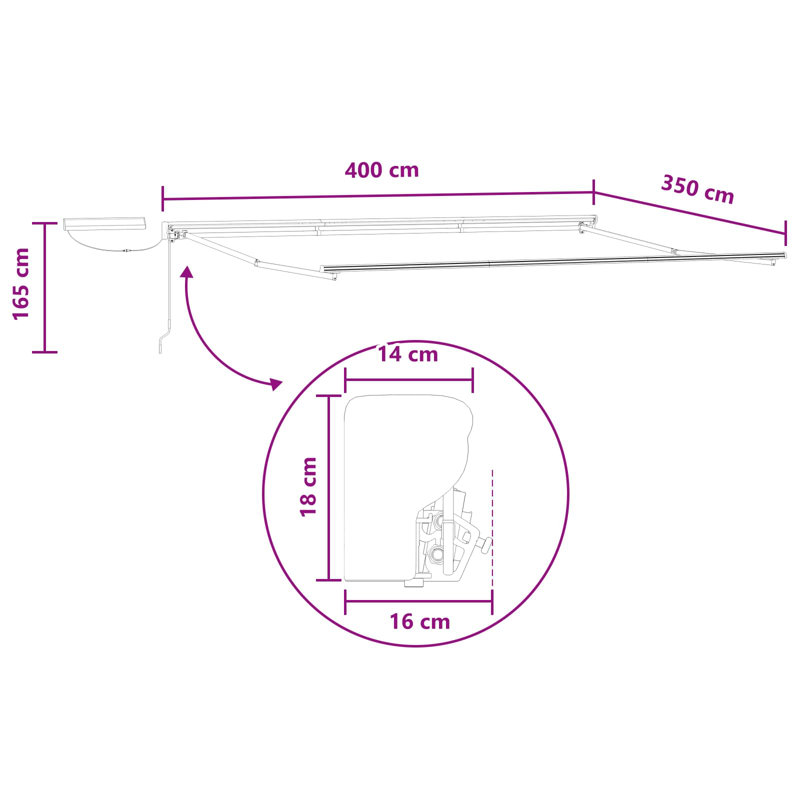 VidaXL Polyester Cover Retractable Patio Awning, Gray/White , Striped, 165cm H x 400cm W x 350cm D